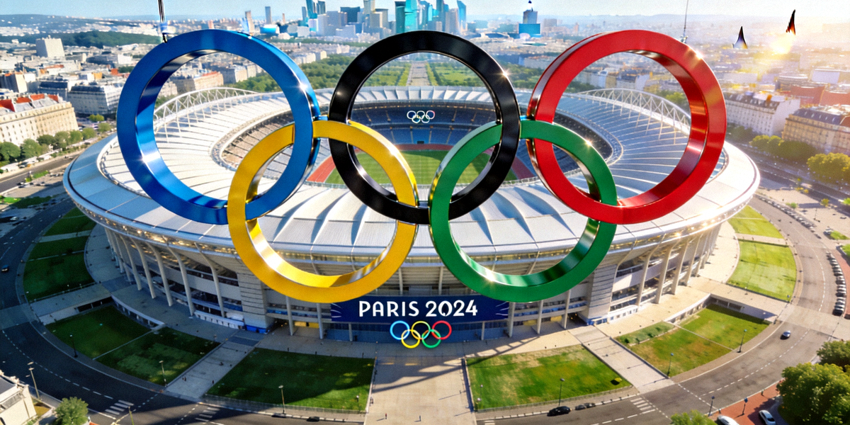2024年巴黎奥运会主体育场鸟瞰图与五环标志